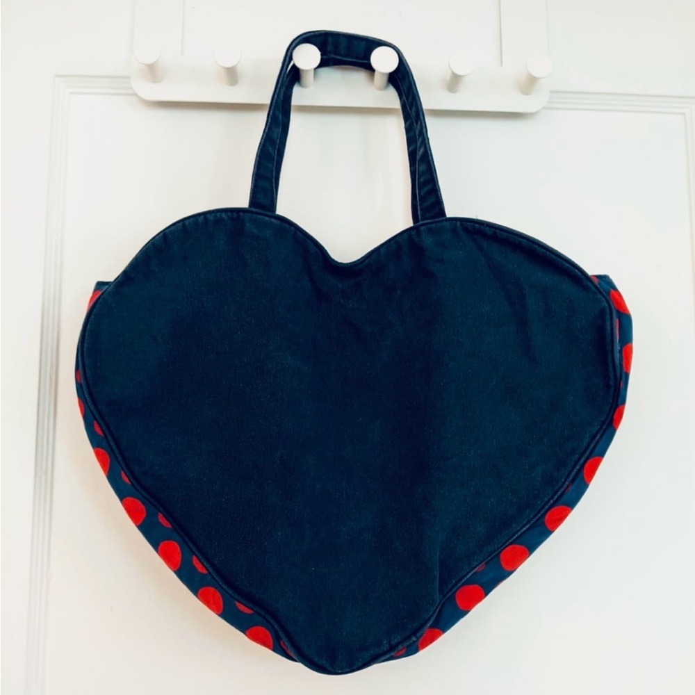 Fiorucci Heart-Shaped Black Tote with Red Polka Dot Trim